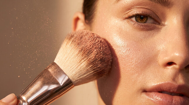 Professional makeup brush applying powder to female face