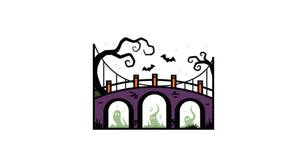 Fototapeta premium Halloween bridge with ghosts, bats, and spooky trees on white background