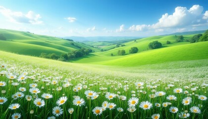 Fototapeta premium Vast green rolling hills under bright blue sky. White daisies bloom in foreground grass. Serene pastoral landscape with distant trees and valleys. Peaceful rural nature scene.