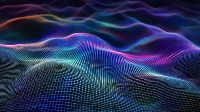 Glowing futuristic mesh wave motion macro sweep with neon gradients