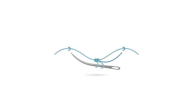 A curved surgical needle with a blue suture thread attached isolated on a transparent background