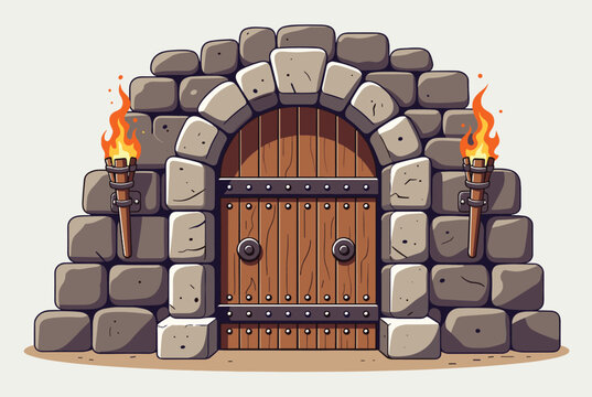 Medieval castle stone archway with a sturdy wooden double door decorated with iron rivets and flanked by two burning fire torches.