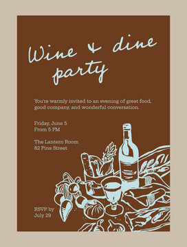 A Wine & Dine invitation template with rich chocolate brown backdrop, elegant script typography, and hand-drawn illustrations of wine, bread, and harvest fare. Print-ready and full of charm.