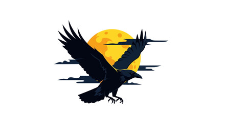Obraz premium Raven flying across a full moon with clouds, dark silhouette, isolated