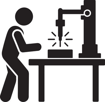 Industrial manufacturing icon, factory worker operating automated machinery, black and white vector silhouette of CNC drilling process