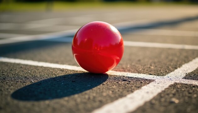 Bright red rubber ball sits on outdoor asphalt court with white chalk lines. Classic kids game surface ready for school recess action. Summer sport activity equipment on pavement ground prepared for