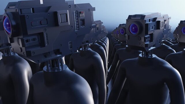 Endless 3d animation loop of humanoid cyborgs. Concept of total control, mass monitoring, privacy loss and futuristic corporate dictatorship.