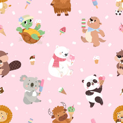 Obraz premium Animal and ice cream seamless pattern. Different cartoon funny animals with sweet creamy desserts. Children print template, nowaday vector design