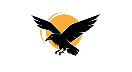 Fototapeta premium Silhouette of a raven flying in front of a bright orange sun, isolated on white