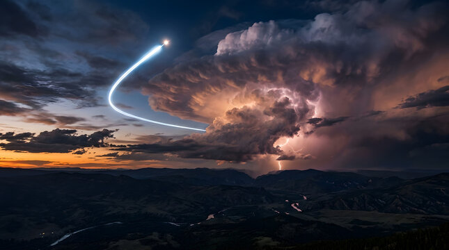 Dramatic thunderstorm over mountain valley with light trail at dusk