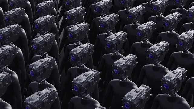 Endless 3d animation loop of humanoid cyborgs. Concept of total control, mass monitoring, privacy loss and futuristic corporate dictatorship.