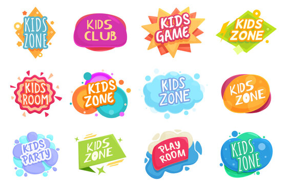 Playroom badges. Kids zone colorful stickers, isolated children area decorative logos. Kid club, room, party badge design. Funny decor sapid vector set