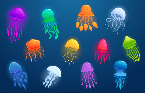 Underwater color jellyfish. Cartoon neon jellyfish, different style ocean and sea life characters. Water glowing animals, exotic creatures, sapid vector set
