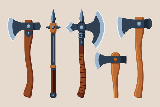 Collection of medieval battle axes and a spear with wooden handles and sharp steel blades against a solid background.