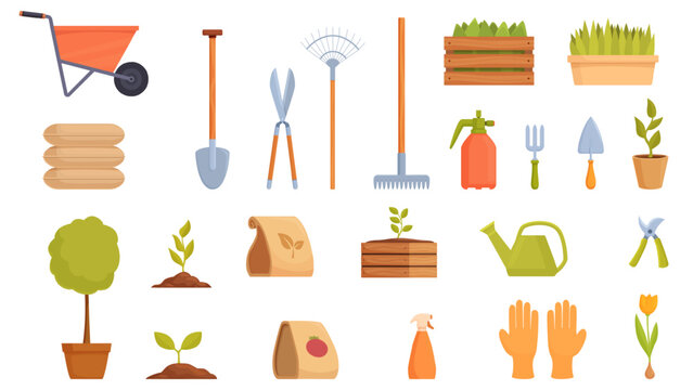 Cartoon garden tools. Agriculture elements, plants and equipment. Isolated watering can, shovel, soil packages, green sprouts in ground, sapid vector clipart