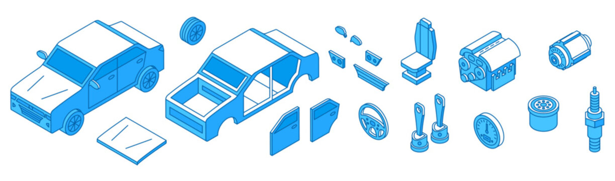Isometric simple 3d car parts. Cars repair, auto service and garage tools and equipment. Different tech elements for automobile renovation, nifty vector set