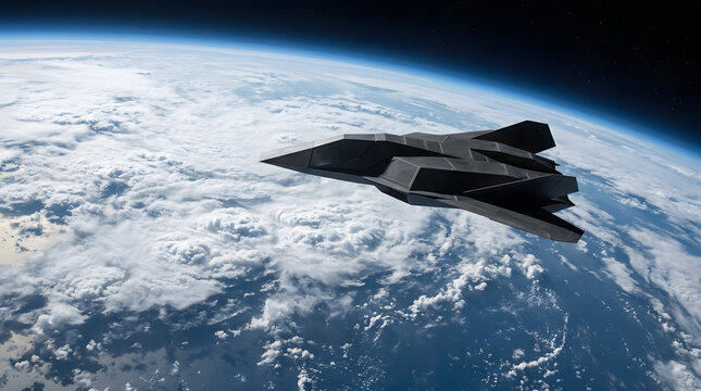 Futuristic stealth aircraft flying above Earth from space