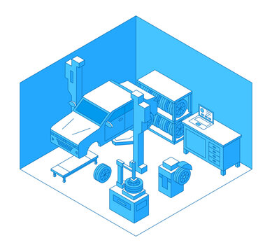 Isometric tire service. Seasonal tire change for passenger car in garage. Professional maintenance. Automobile renovation, nifty vector scene