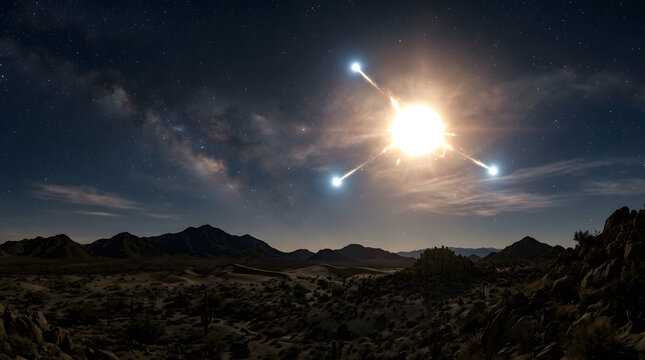 Bright celestial explosion over desert landscape at night