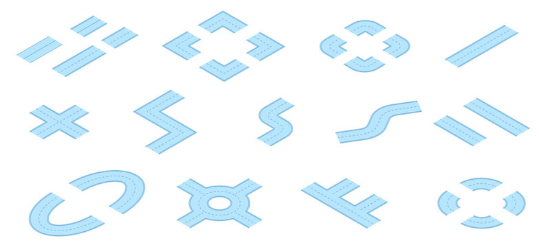 Line isometric road elements. Highway parts with markings. Isolated routes corners, circle part or traffic. Curves and crossroads, nifty vector clipart