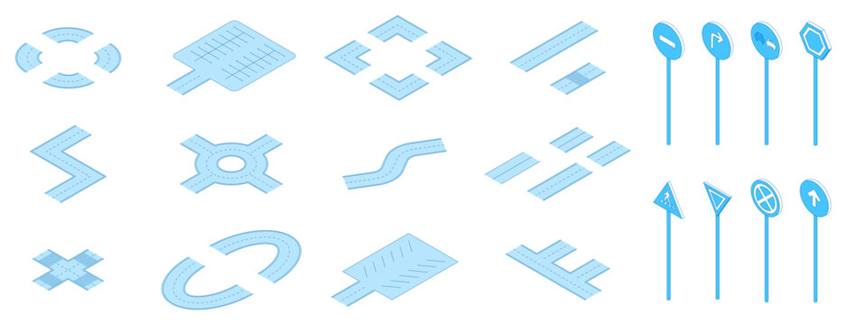 Isometric line road signs. Highway elements, roads with lanes of different shapes and directions, traffic situation, pedestrian, stop, overtaking sign, nifty vector set