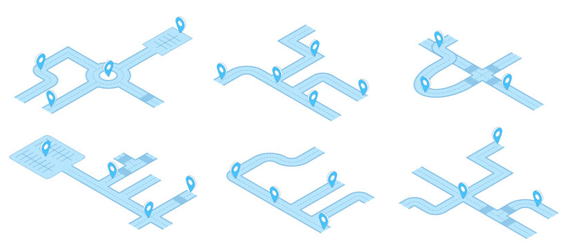 Isometric navigation map elements. Urban navigation with pins for logistic, delivery and travel services. Flat modern traffic design, destination, nifty vector set