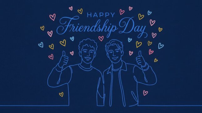 Happy friendship day illustration with two friends giving thumbs up surrounded by colorful floating hearts on dark blue background