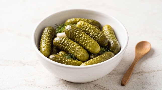 A bowl of pickled cucumbers sits on a white marble countertop next to a wooden spoon.