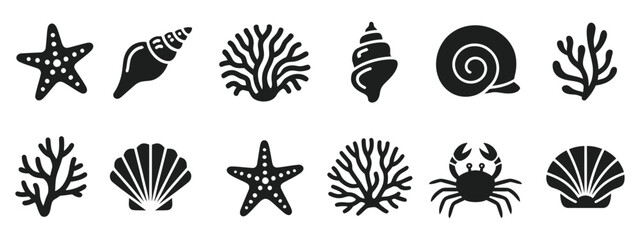 Sea Life Vector Silhouette Collection With Starfish, Coral, Shells, Crab, And Nautilus Icons, Coastal Marine Wildlife Design Elements, Minimal Black Illustration Isolated On White Background © Kh