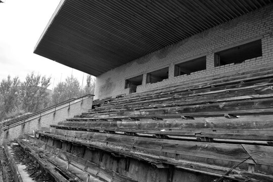 PRIPVAT CHERNOBYL UKRAINE: Abandoned Stadium in Ghost City of Pripyat exclusion Zone of Chernobyl accident dominates the energy of most disastrous nuclear power plant accident in history,