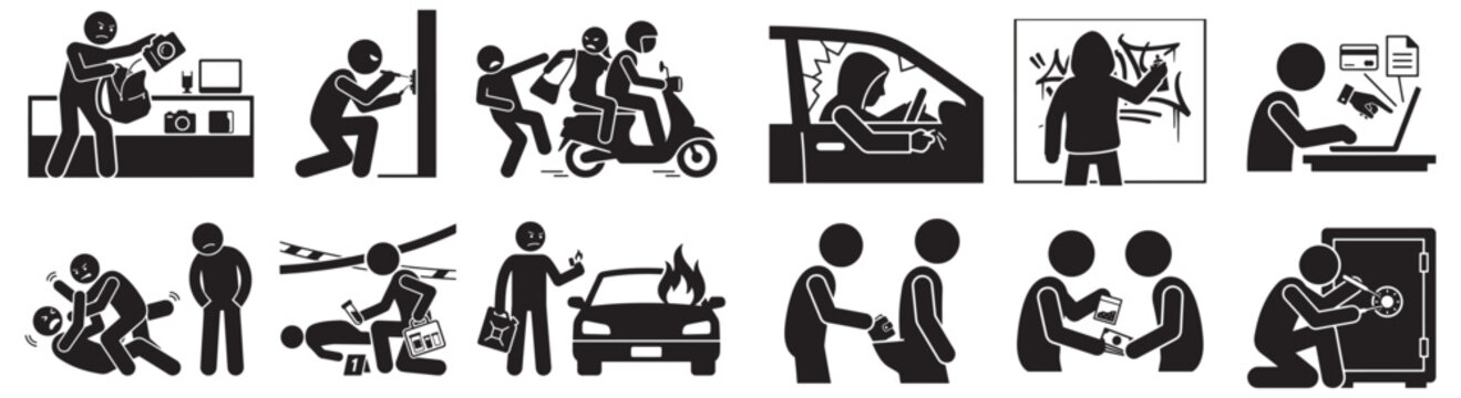 Collection of Crime and Theft Silhouette Icons Representing Shoplifting Pickpocket Vandalism Fraud Assault and Burglary