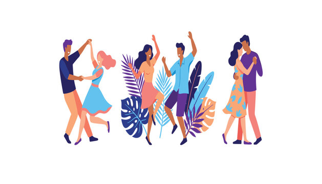 Happy young couples dancing salsa and bachata at tropical beach party with exotic palm leaves decoration