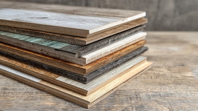 Stack of lvp vinyl plank sample on wood table showing flooring choice, texture, renovation and interior surface design.