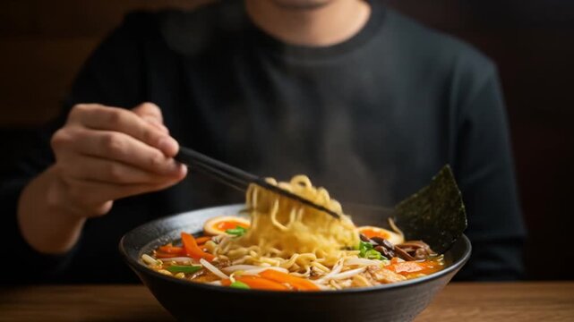 Chef serving fresh ramen noodles in a bowl. Asian cuisine expert lifting handmade wheat pasta with chopsticks for restaurant presentation.