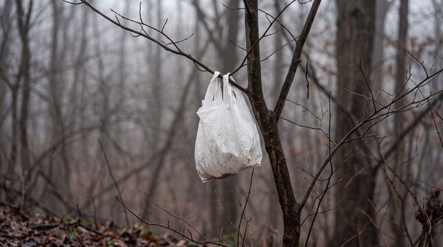 A discarded white plastic bag hangs from a bare tree branch in a forest