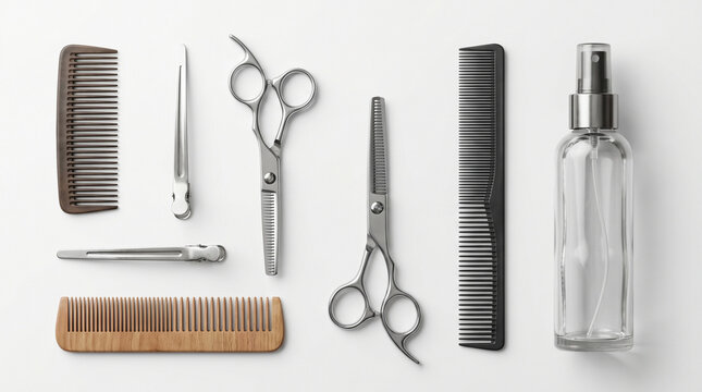 Professional haircutting tools with scissors and comb on white background