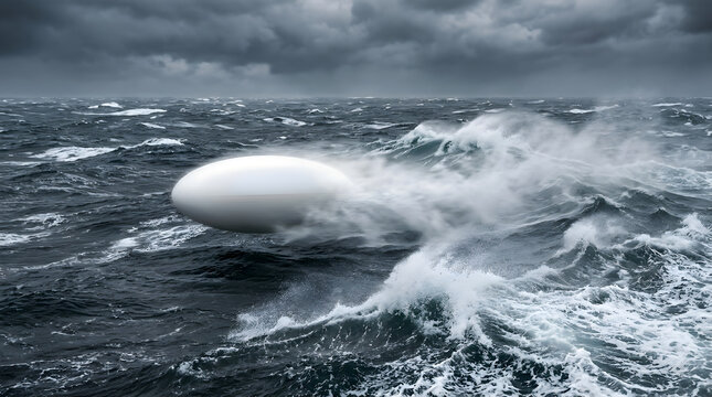 Mysterious white elliptical object floating in stormy ocean waves