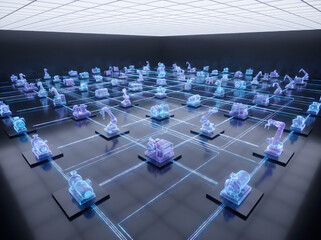 Fototapeta premium Overhead View of Digital Twin Simulation Grid with Holographic Equipment Network