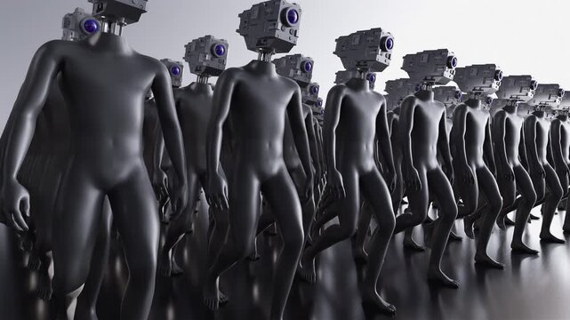 Endless 3d animation loop of humanoid cyborgs. Concept of total control, mass monitoring, privacy loss and futuristic corporate dictatorship.