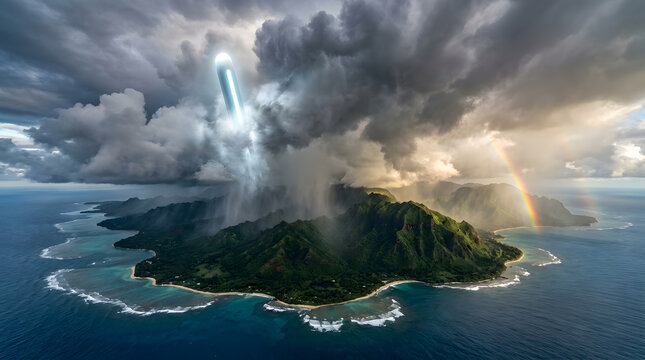 Aerial view of tropical island with storm clouds and rainbow