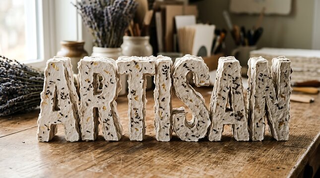 Textured ARTISAN Letters Made of Handmade Paper with Lavender and Gold Flakes