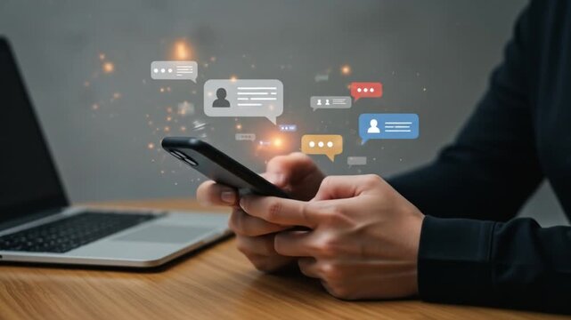 Business professional using smartphone with digital communication icons. Male executive engaging with cloud-based collaboration tools on mobile dev...
