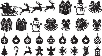 Set of black christmas icons including santa sleigh reindeer gift boxes bells and ornaments © OMESA