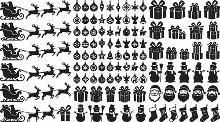 Set of black christmas silhouette icons featuring santa sleigh reindeer gifts ornaments and snowmen © OMESA