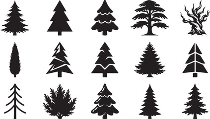 Obraz premium Set of black tree icons showing various forest pine spruce and deciduous plant shapes in silhouette
