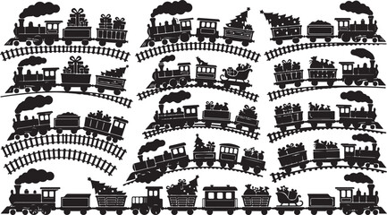 Black silhouette collection of vintage steam trains with carriages and christmas gifts © OMESA