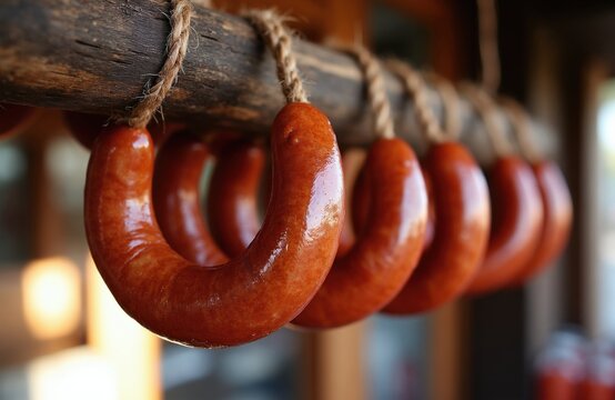 Smoked alheira sausages hang on rough wooden beam tied with thick rope. Traditional Portuguese pork sausages staple food in Northern Portugal, known for unique preparation, rich flavor profile, often