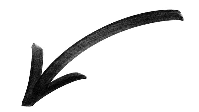 Curved black arrow pointing down left in hand drawn marker style. Creative urban directional element for modern streetwear graphic design.