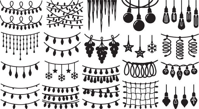 Set of hand drawn hanging string lights and christmas decorations in black and white sketch style