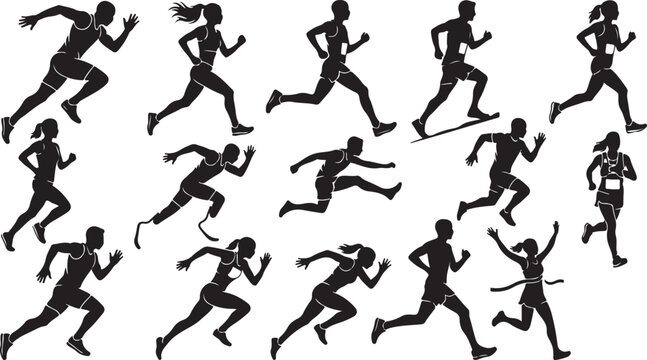 Set of black silhouettes of men and women running and sprinting in a marathon race